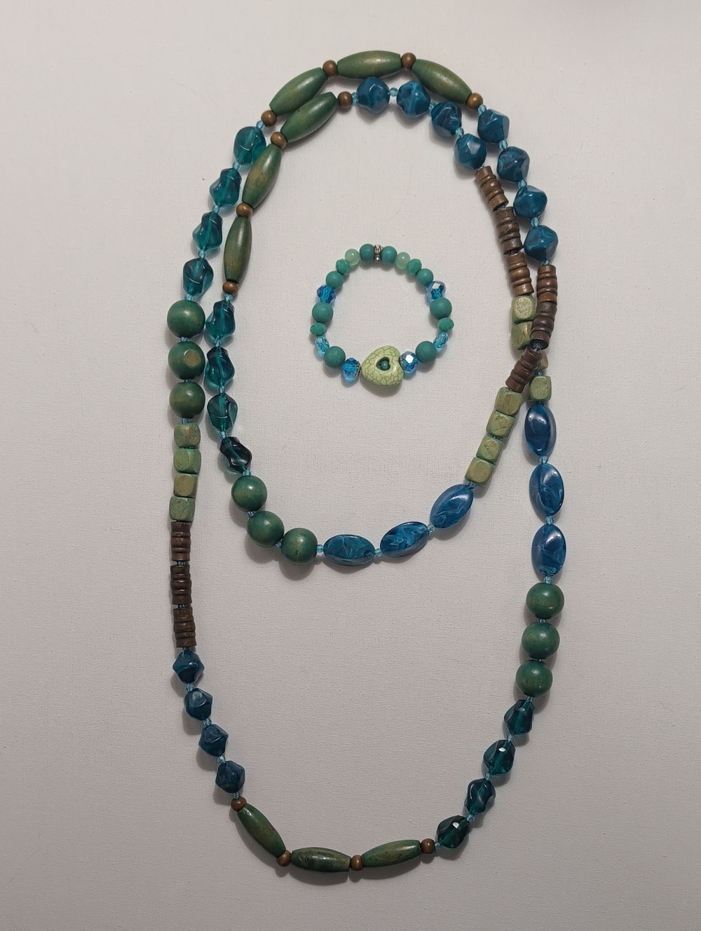 Boho Teal Blue and Olive Green Beaded Necklace and Bracelet Set